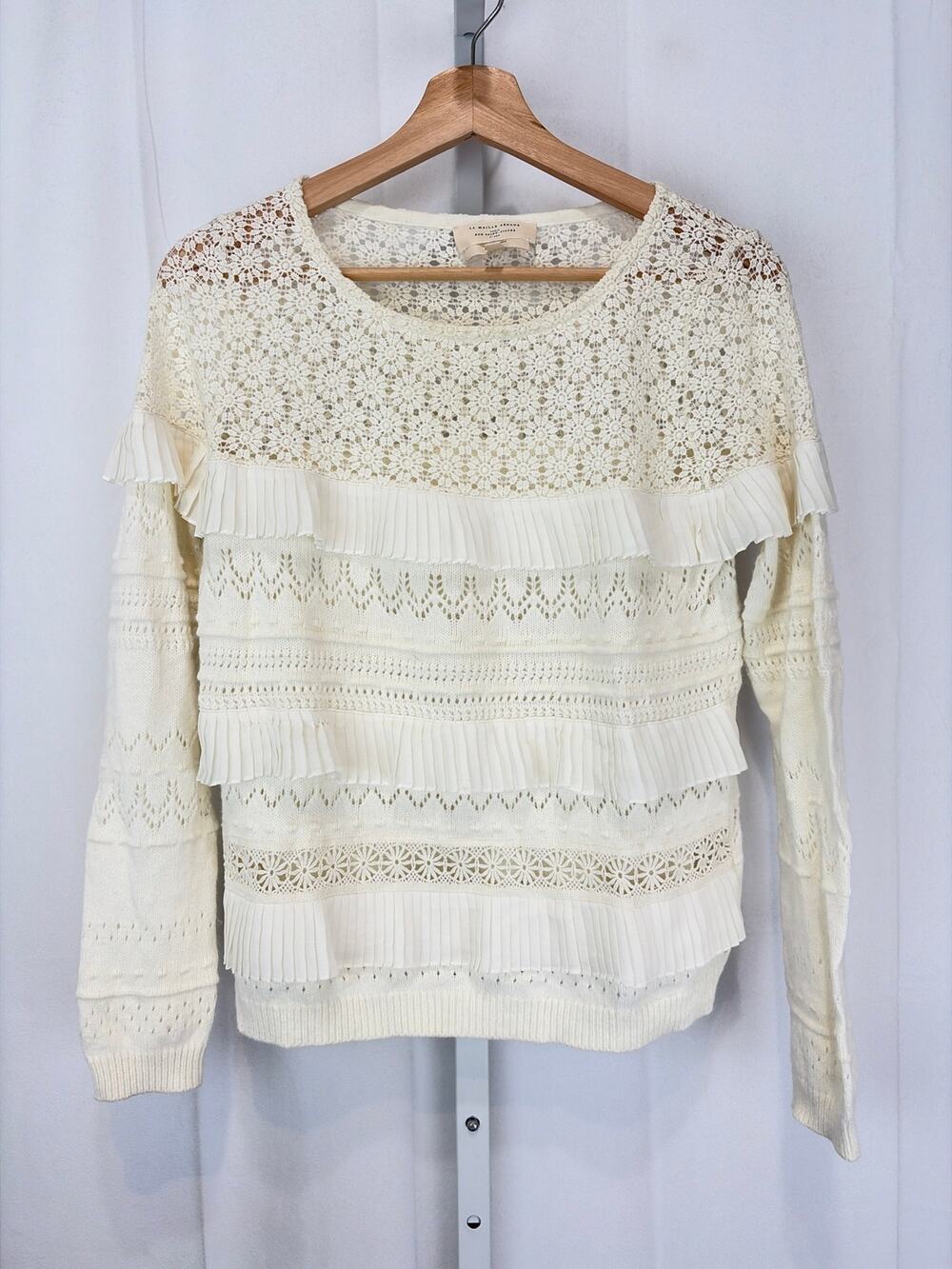 SEZANE Tilia Sweater Crochet Lace Ruffle Sweater Long Sleeve Cream Off White S